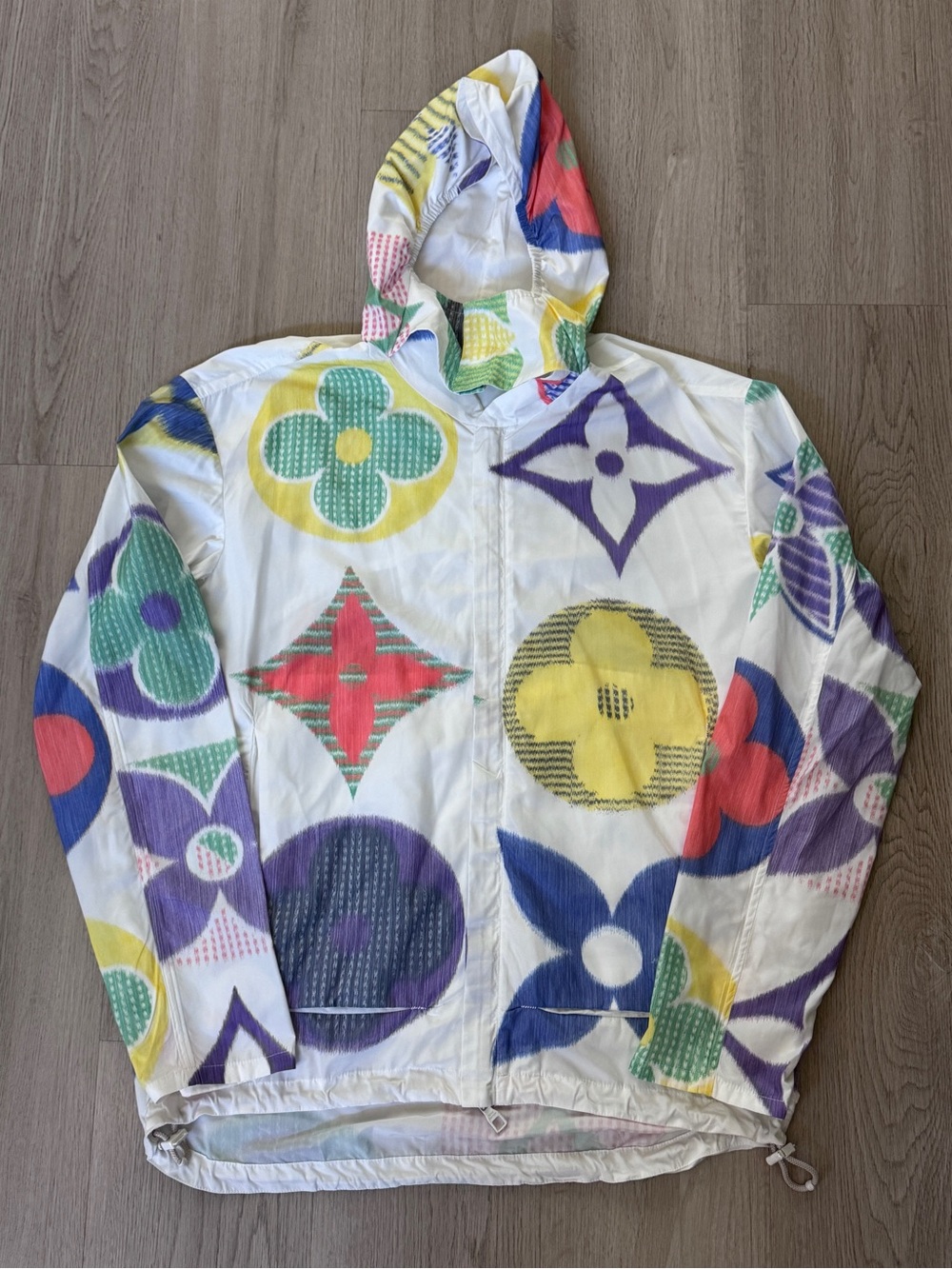 Louis Vuitton White Multicolor Monogram Flower Windbreaker Jacket IT46 Oversized
